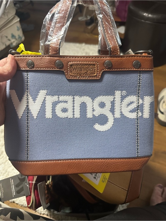 Wrangler Handbags - Wrangler Light Blue Canvas Mini Tote with Brown Trim and White Logo